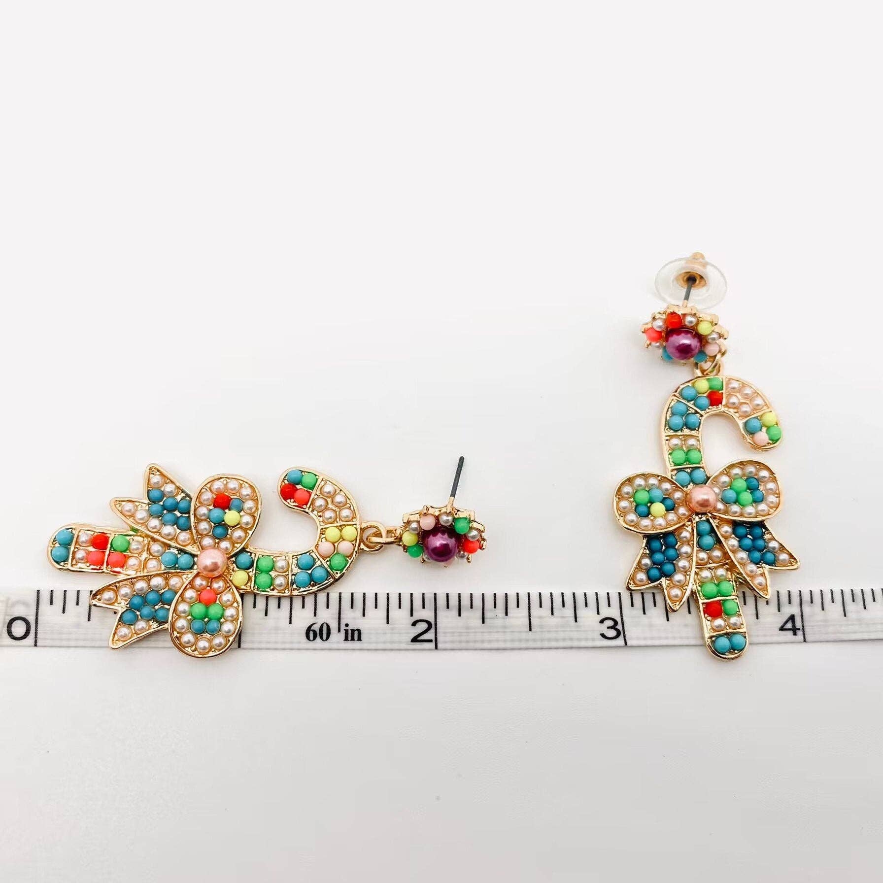Colorful Bow candy cane Post Earrings