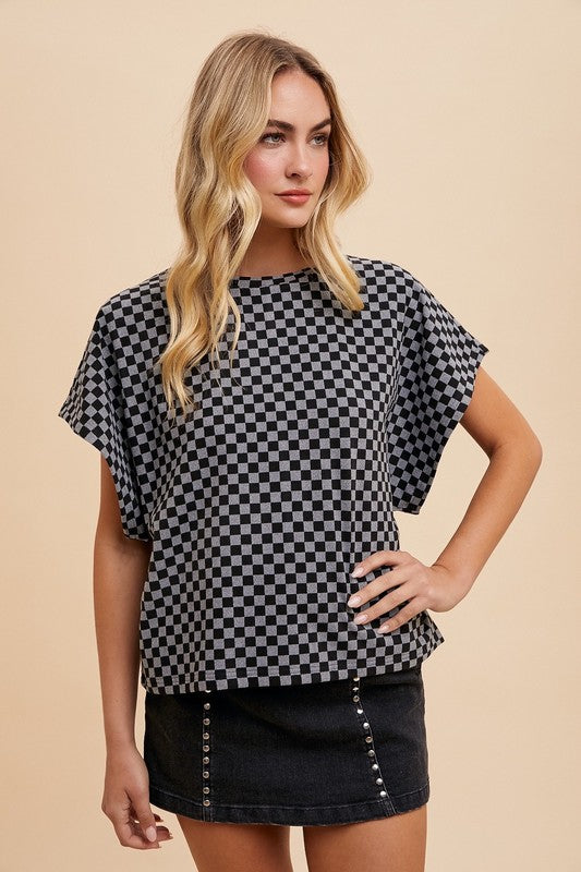 Black Check Round Short Sleeve T-Shirt