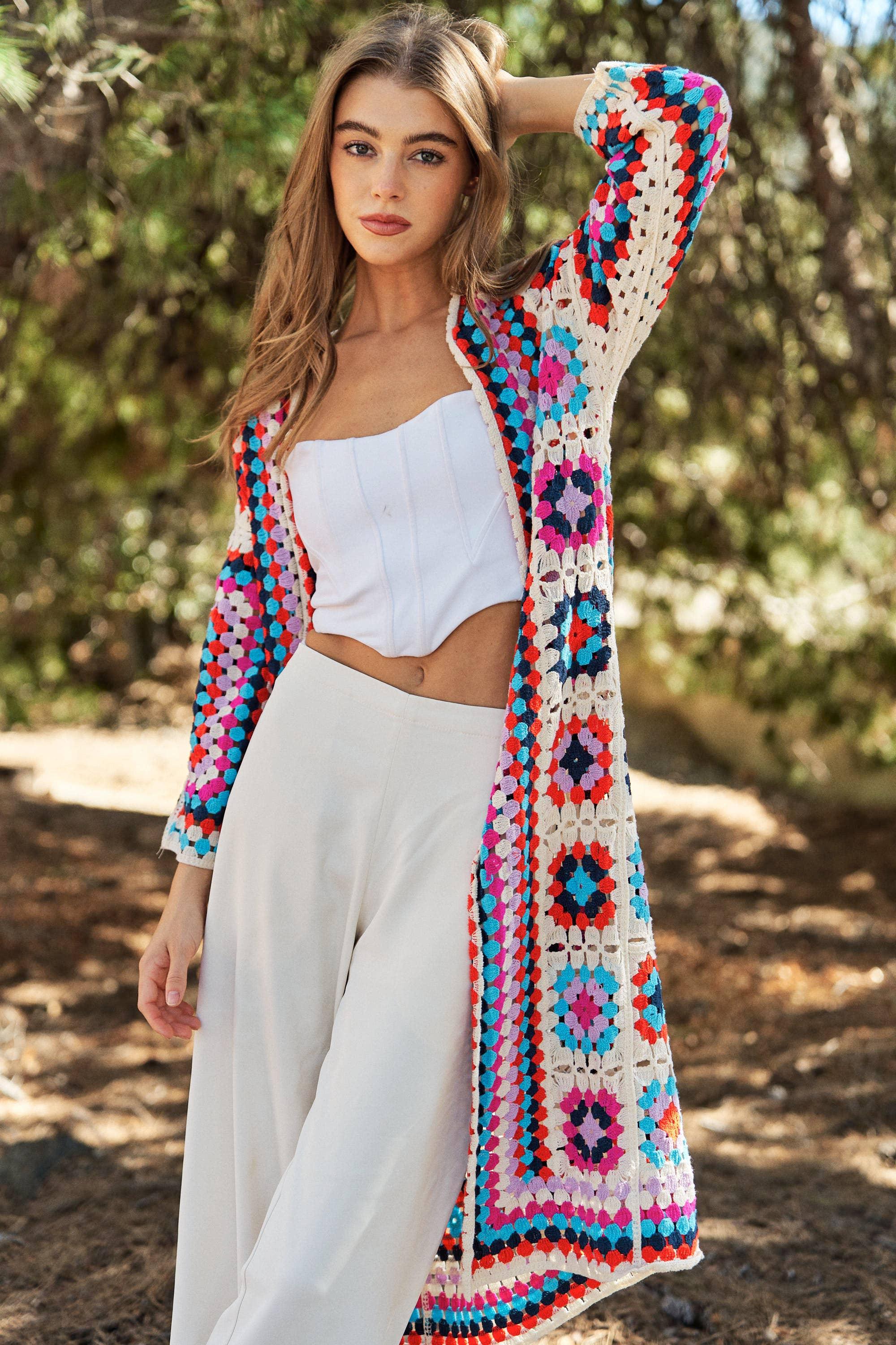 Gracie Colorful Crochet Square Midi Knit Sweater