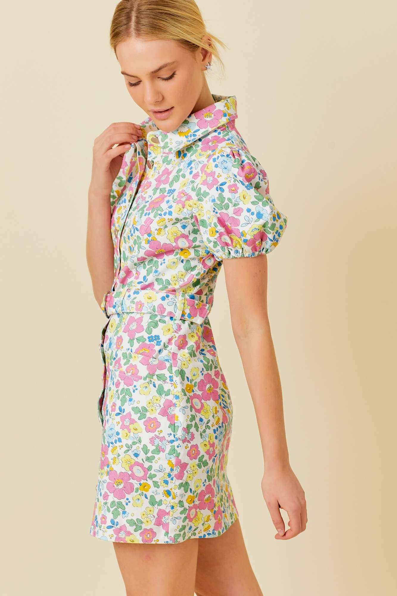 Floral printed Short Sleeve Denim Dress