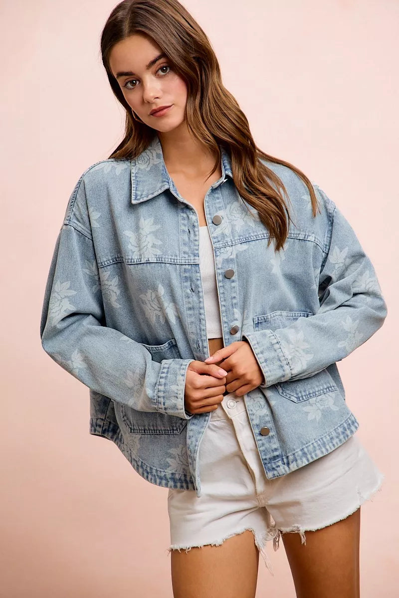 BiBi Printed Washed Denim Jacket With Pocket - DENIM - Bexa Boutique