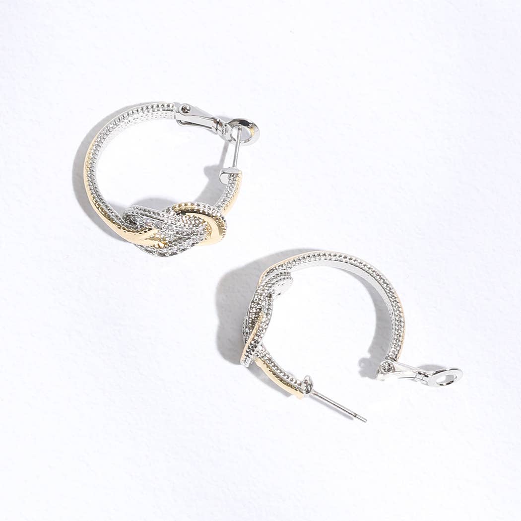 Two-Toned CZ Pave Knotted Huggie Hoop Earrings