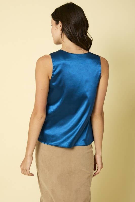 Sleeveless V Neck Satin Top