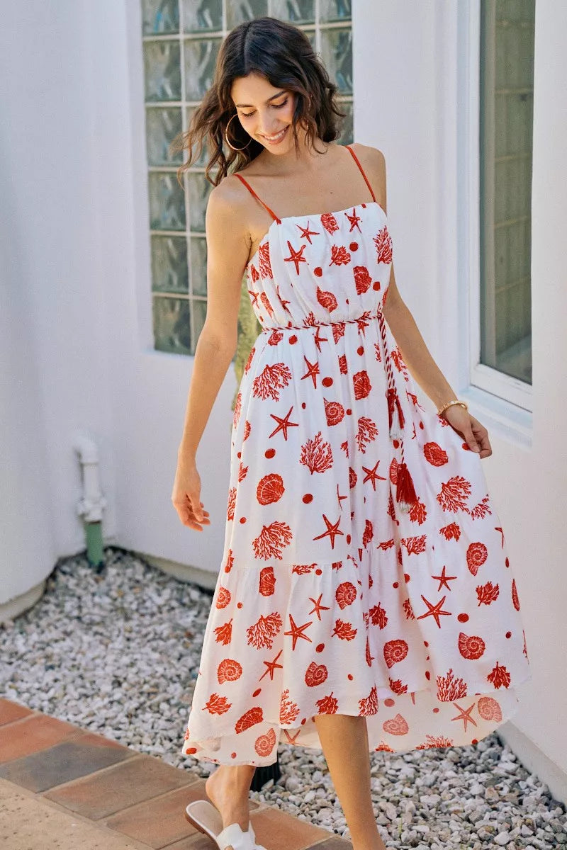 SO ME Shell Print Tiered Lined Midi Cami Dress With Belt - Red - Bexa Boutique