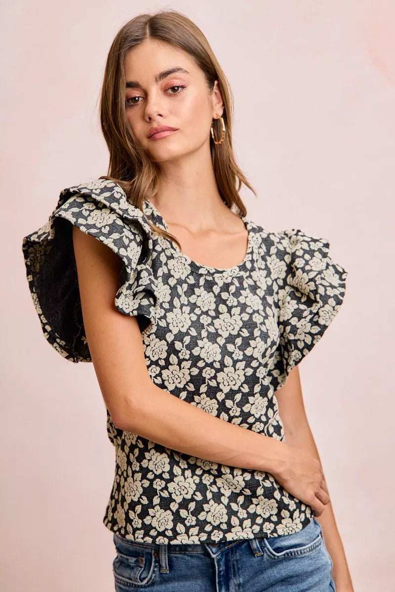 BiBi Floral Jacquard Ruffle Sleeves Knit Top - BLACK/LT GREY - Bexa Boutique
