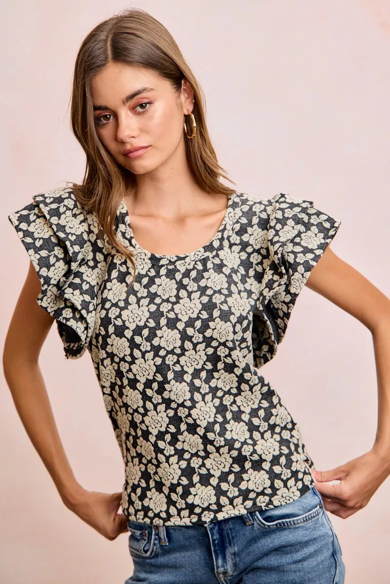 BiBi Floral Jacquard Ruffle Sleeves Knit Top - BLACK/LT GREY - Bexa Boutique
