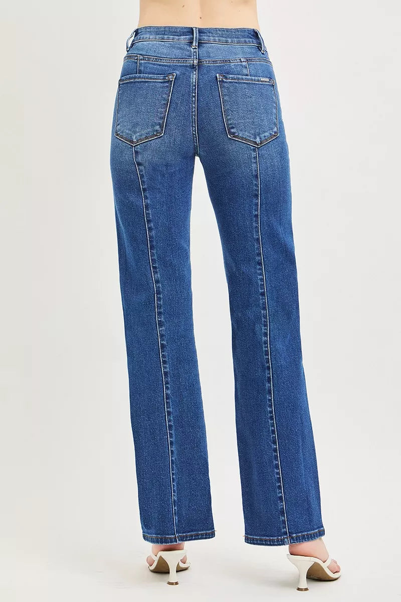 RISEN High Rise Straight Patch Pocket Seamed Jeans - Dark - Bexa Boutique