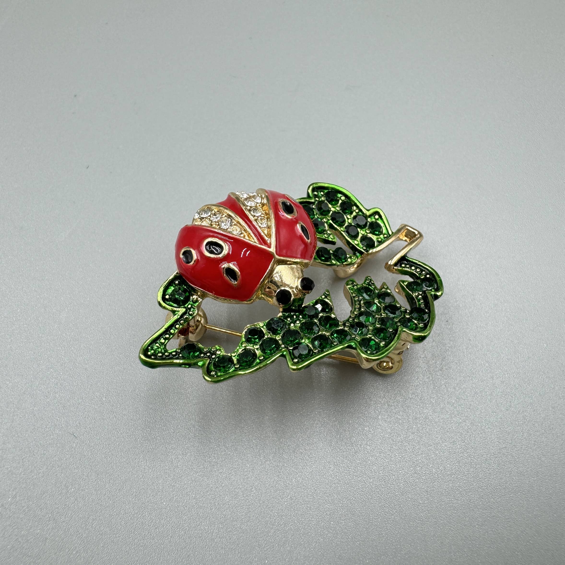 Ladybird Leaf Rhinestone Brooch Pin