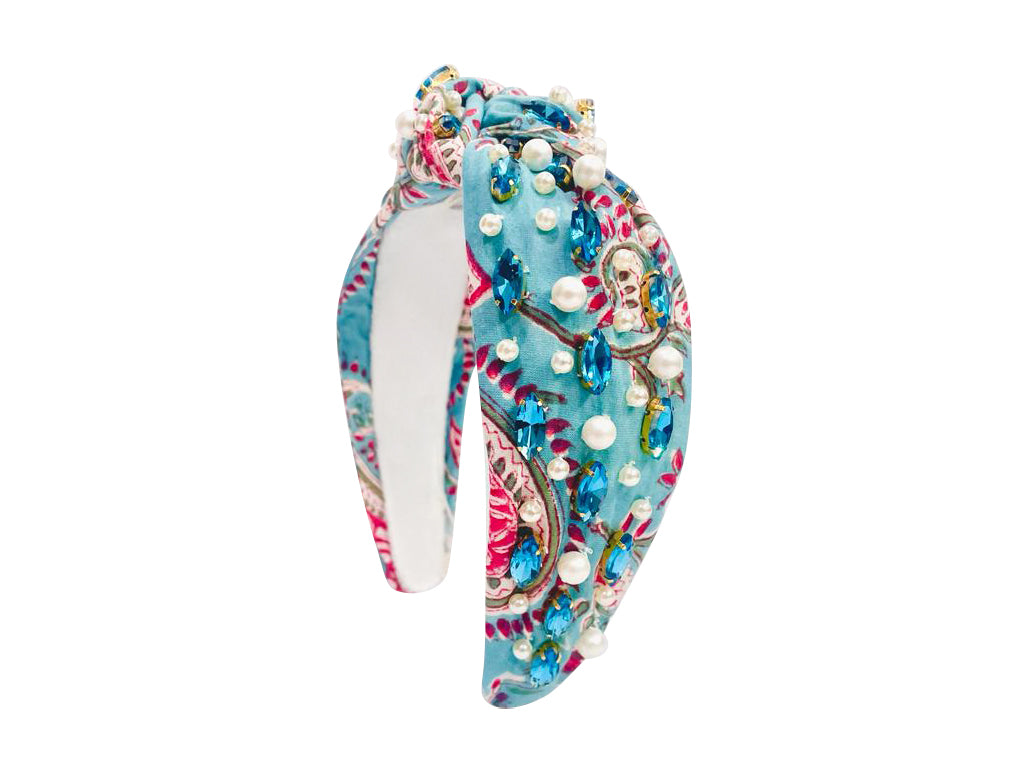 Spring Floral Print Headband - Blue Rhinestone Pink Paisley