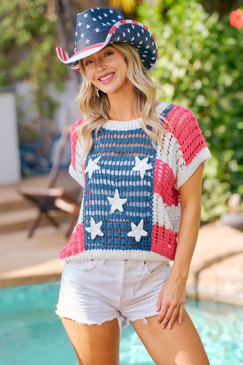 BiBi Crochet Star Patches 4th Of July Sweater Cover Up - AMERICAN FLAG - Bexa Boutique