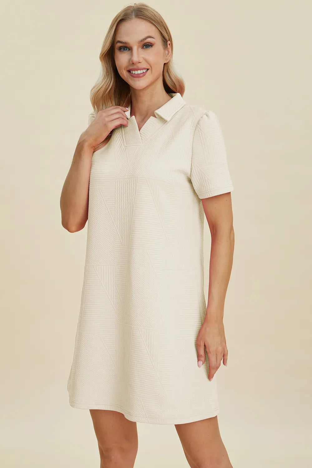 Double Take Full Size Texture Short Sleeve Dress - Ivory - Bexa Boutique