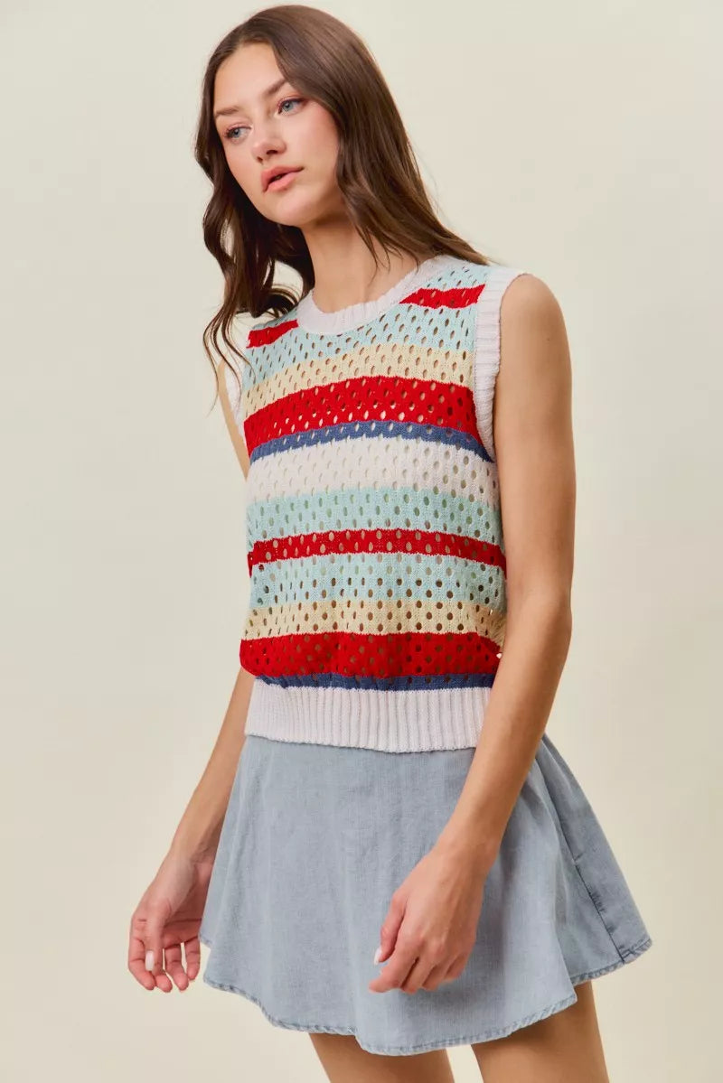 SO ME Tie Back Multi Stripe Sweater Knit Tank Top - RED MULTI - Bexa Boutique