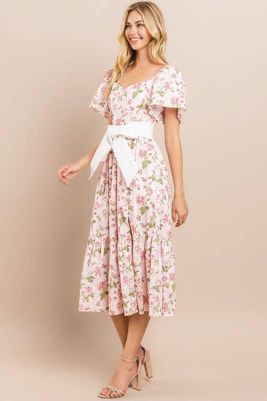 Bow Floral Flutter Sleeves Dress