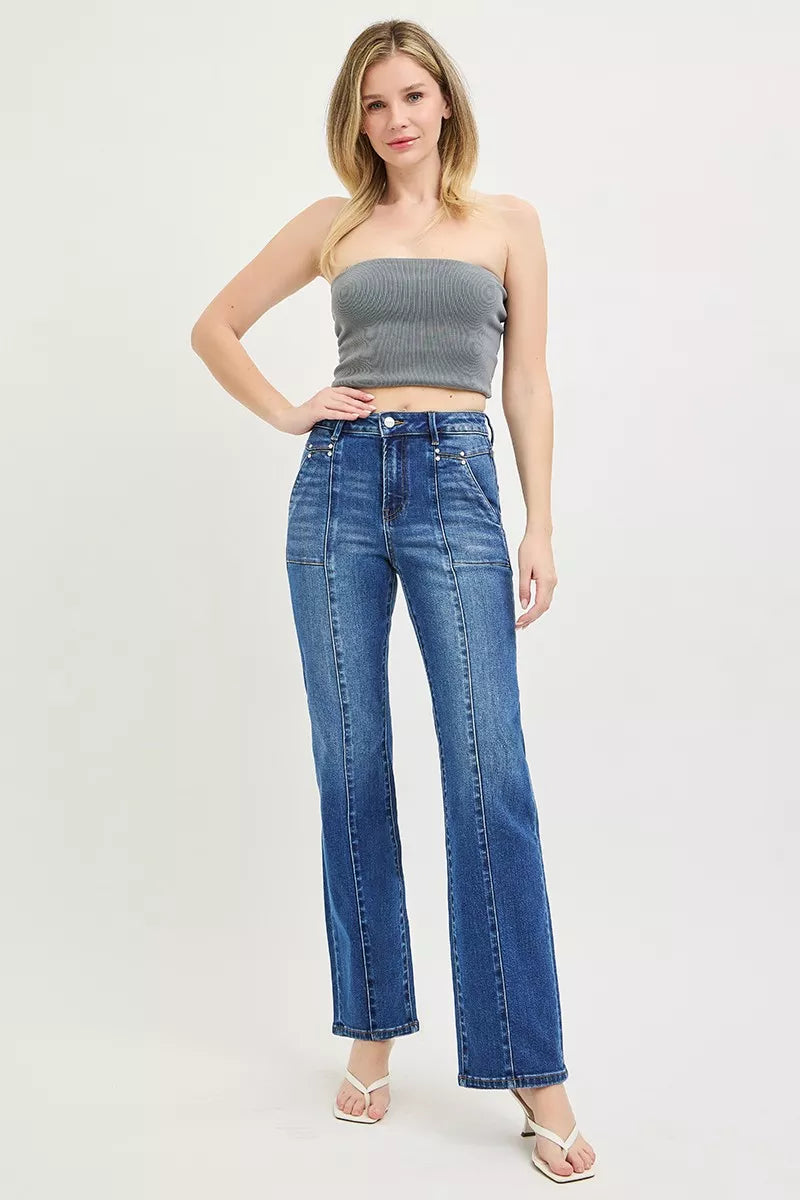 RISEN High Rise Straight Patch Pocket Seamed Jeans - Dark - Bexa Boutique