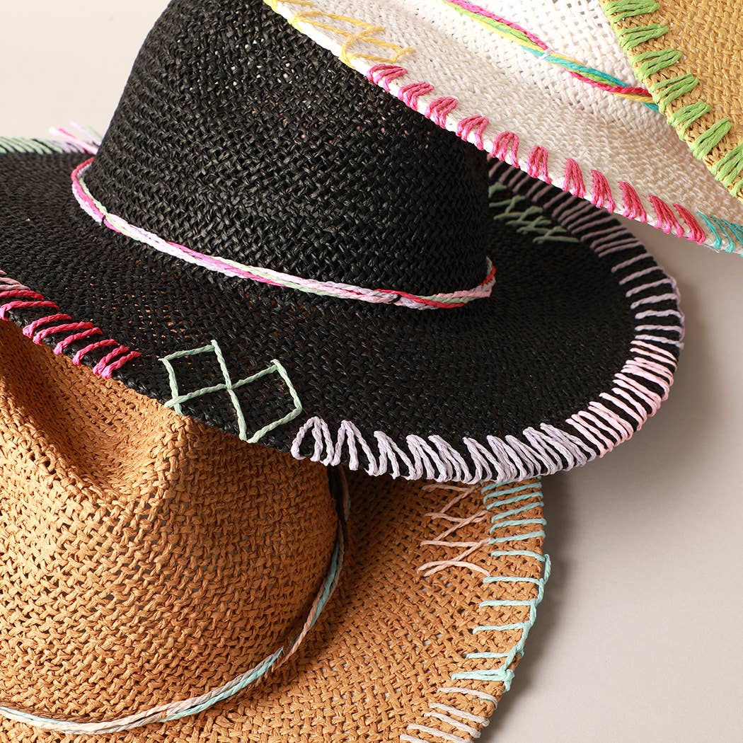 Multi-Colored Stitched Brim Panama Hat