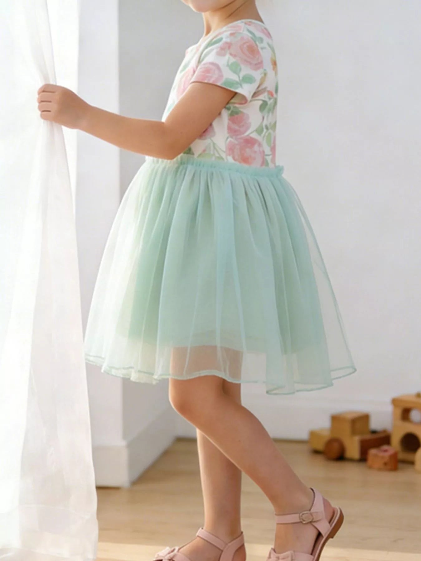 Children's Floral Print Tulle Dress - Sage - Bexa Boutique