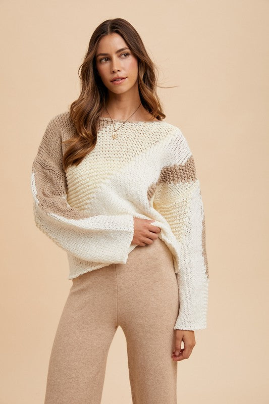 Color Block Drop Shoulder Sweater - Taupe