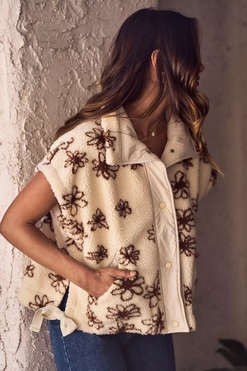 SO ME Flower Sherpa Fur Oversized Sleeveless Vest Jacket - BROWN - Bexa Boutique