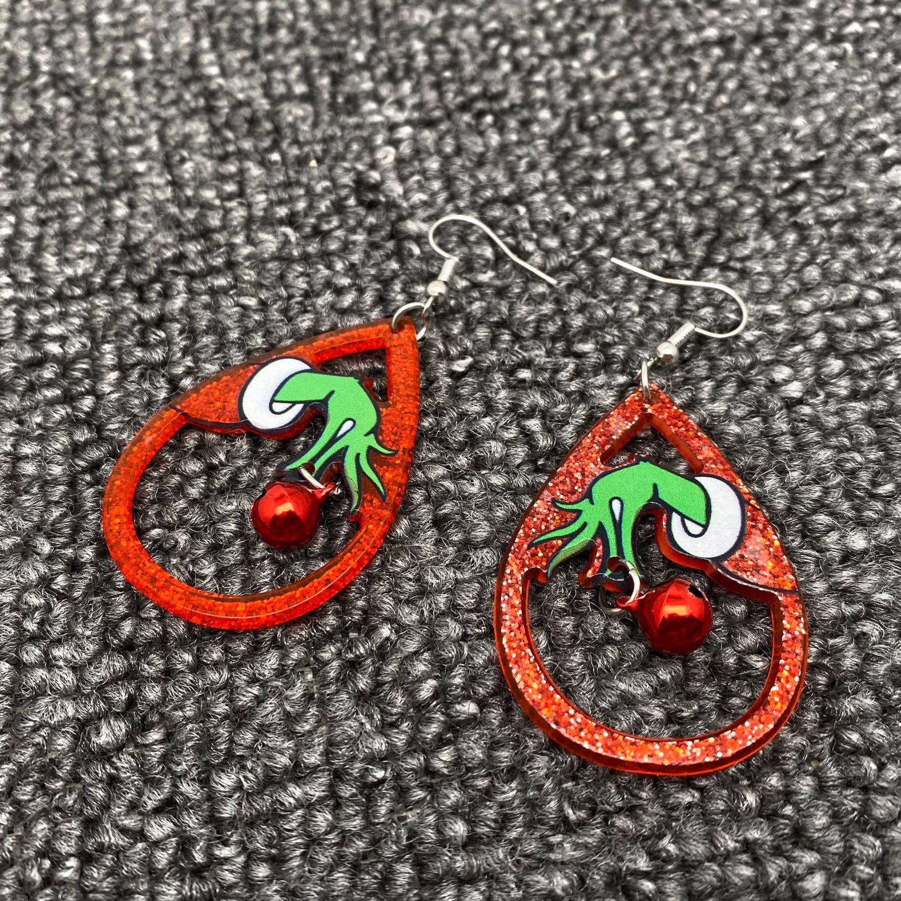 Christmas Acrylic Grinch Holding Bell Dangle Earrings