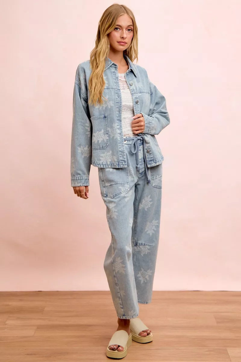 BiBi Printed Washed Denim Jacket With Pocket - DENIM - Bexa Boutique