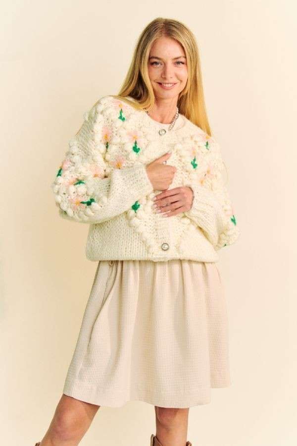 Cream Floral Cardigan Sweater