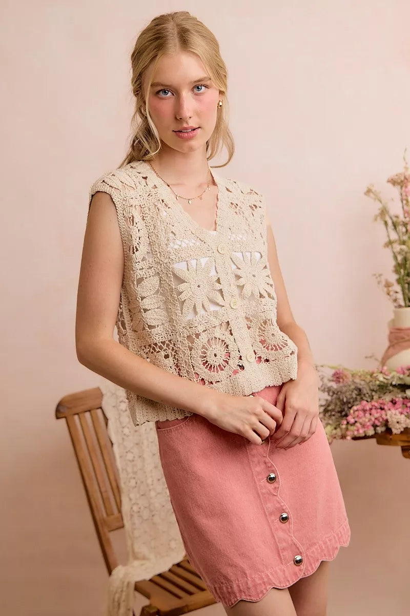 SO ME Summer Crochet Patterned Sleeveless Vest Top - NATURAL - Bexa Boutique