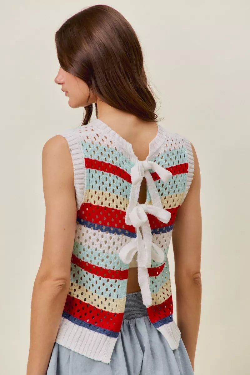 SO ME Tie Back Multi Stripe Sweater Knit Tank Top - RED MULTI - Bexa Boutique