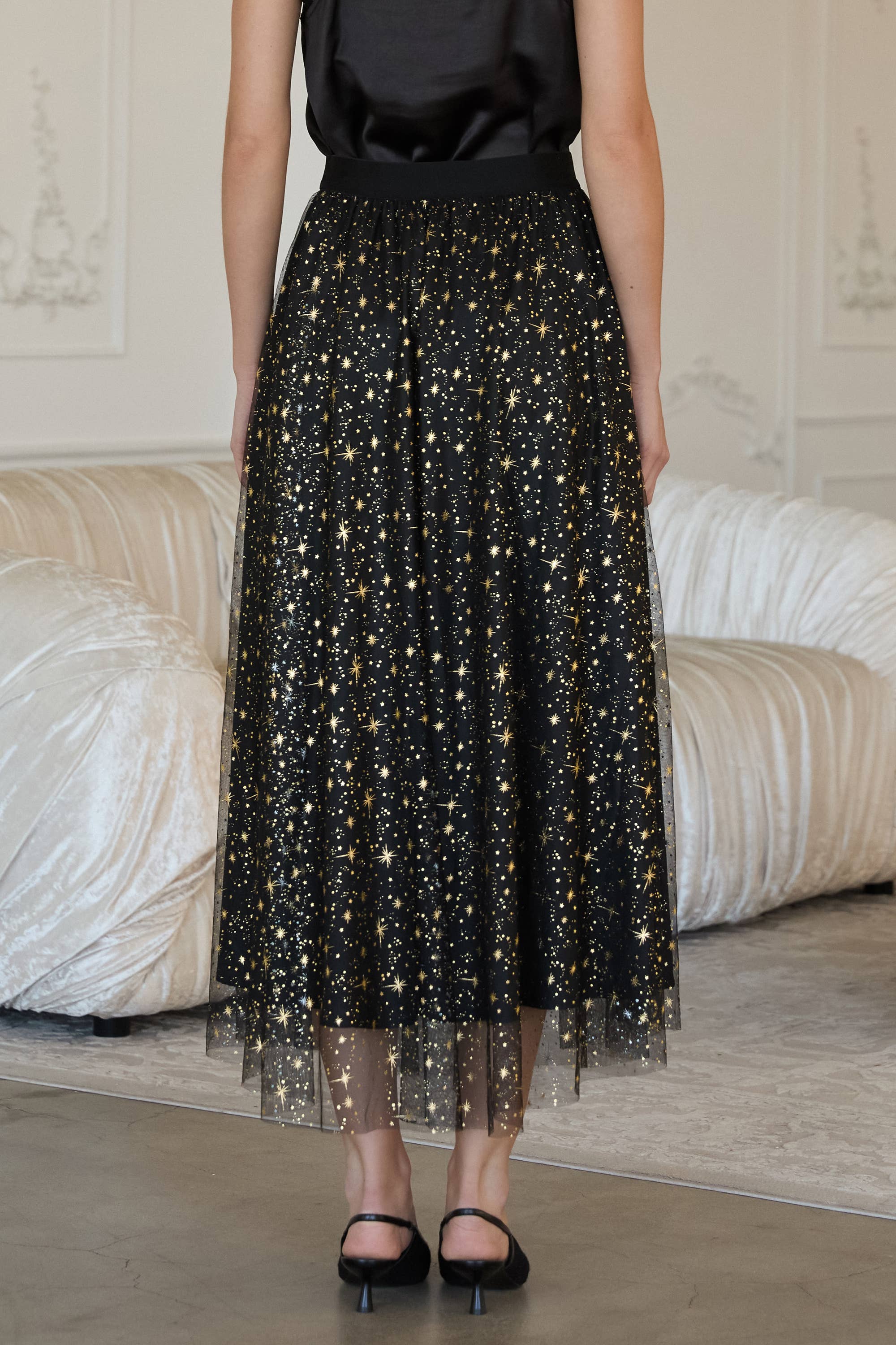 Mesh Gold Detail Star Printed Long Skirt