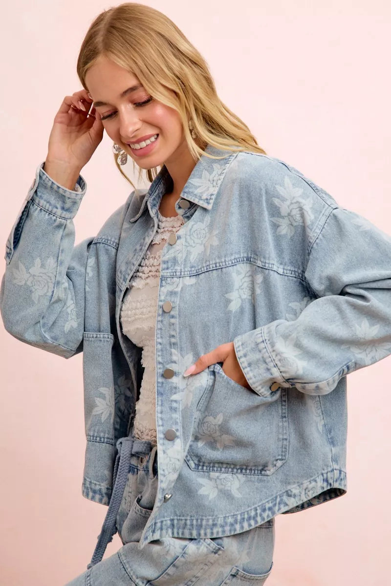 BiBi Printed Washed Denim Jacket With Pocket - DENIM - Bexa Boutique