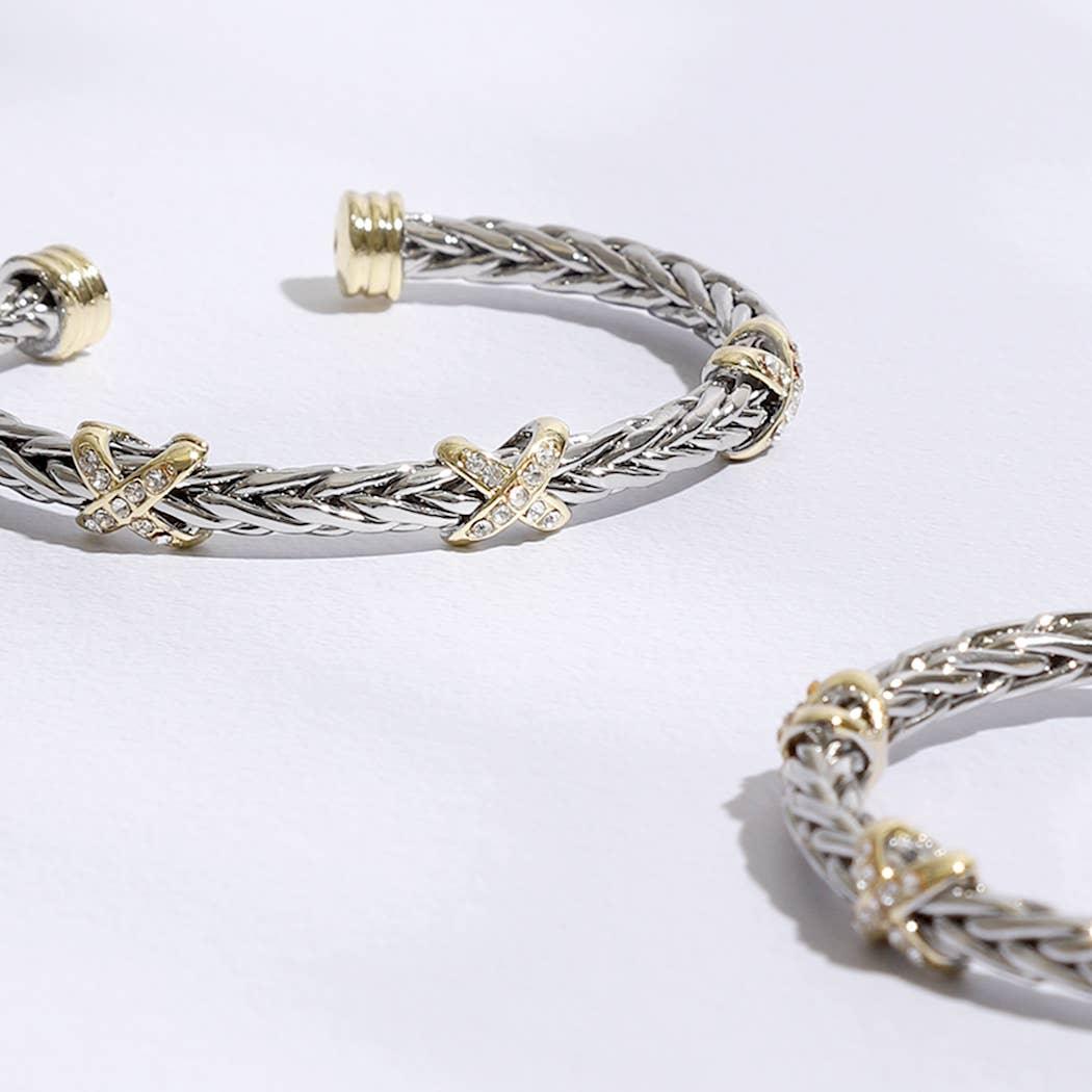 Three CZ X Stations Braided Bangle Bracelet