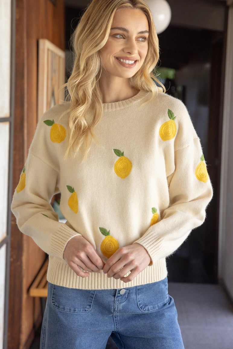 Lemon Embroidered Pull Over Sweater