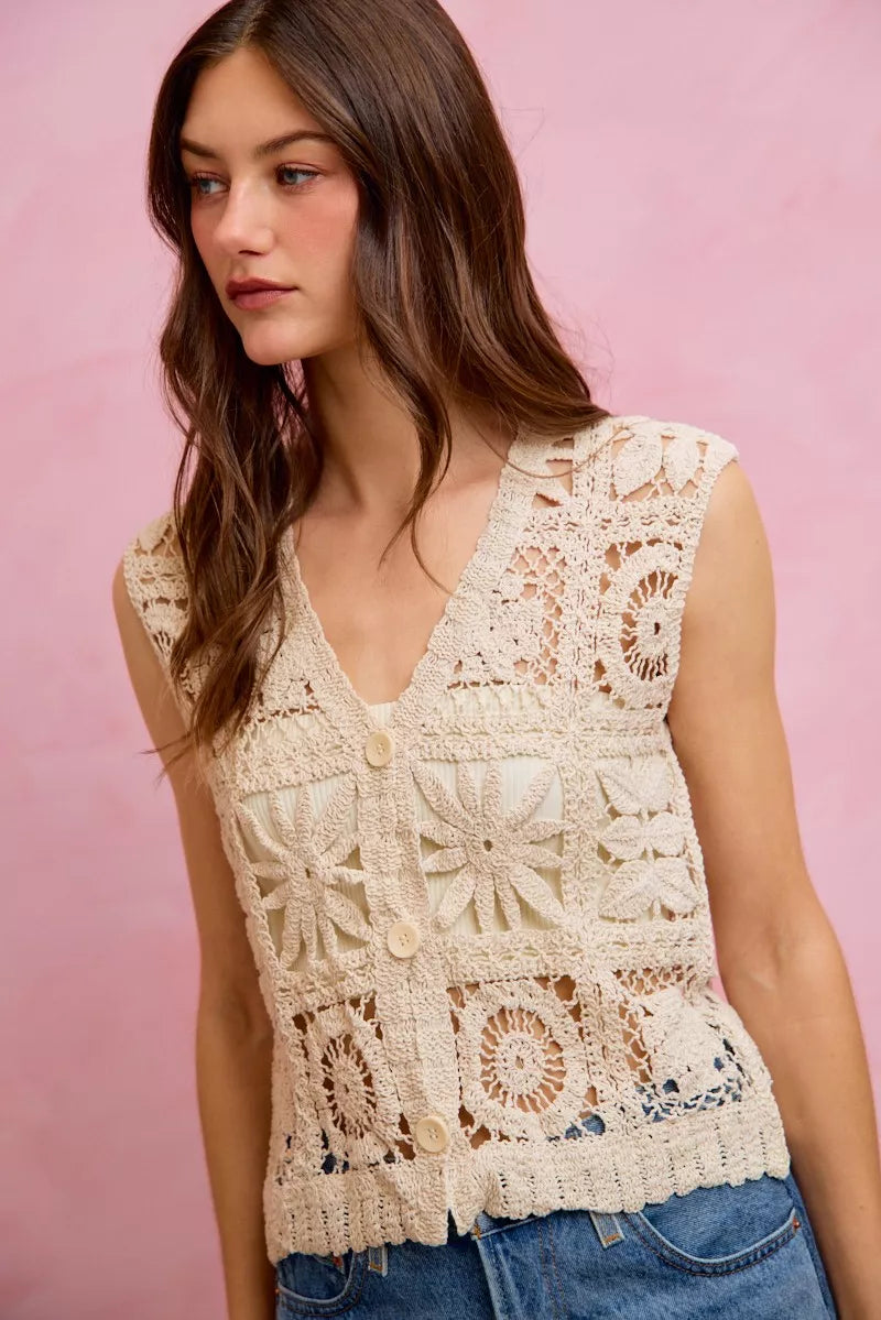 SO ME Summer Crochet Patterned Sleeveless Vest Top - NATURAL - Bexa Boutique