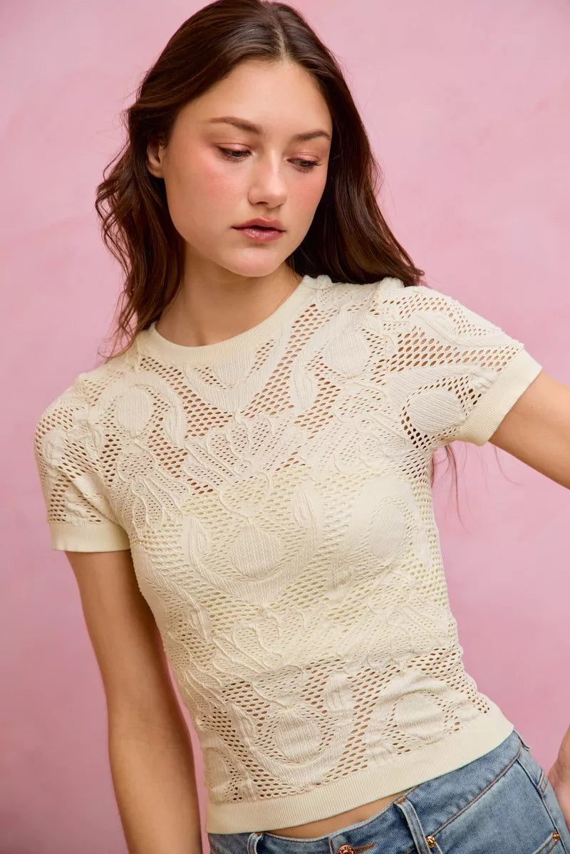 SO ME Floral Perforated Seamless Active Short Sleeve Top - OFF WHITE - Bexa Boutique