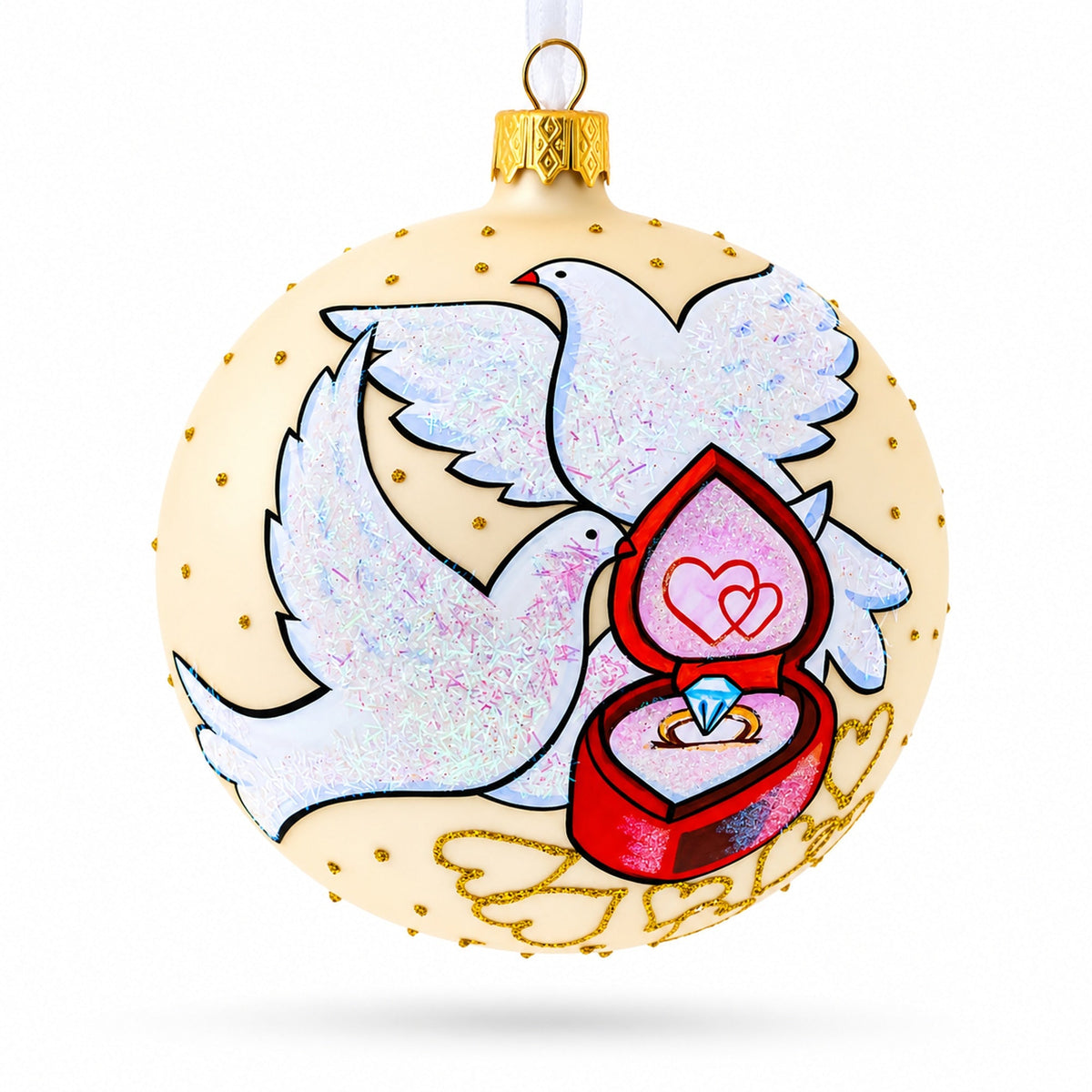 Doves and Wedding Ring Glass Ball Christmas Ornament 4 Inches