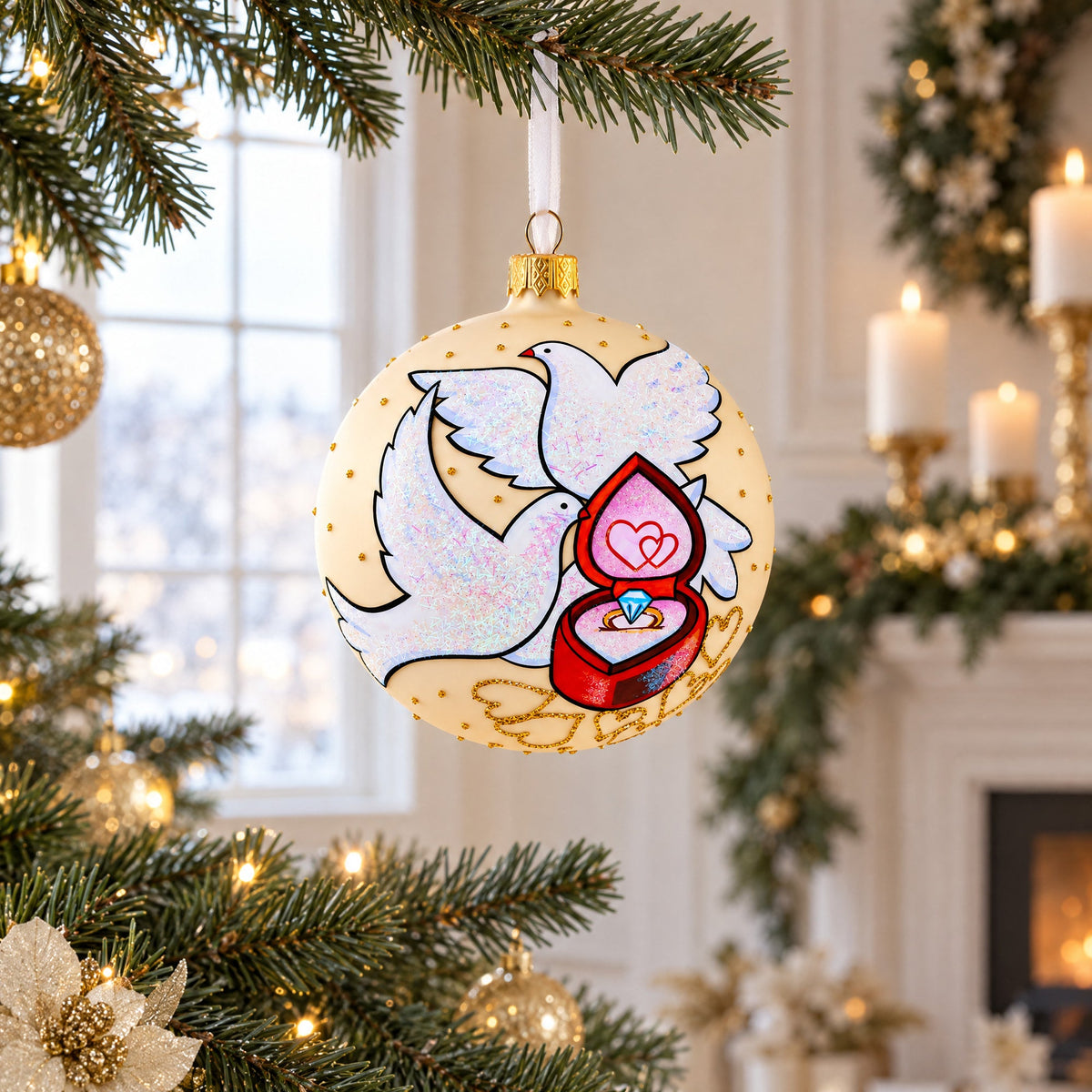 Doves and Wedding Ring Glass Ball Christmas Ornament 4 Inches