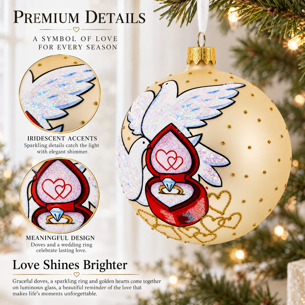 Doves and Wedding Ring Glass Ball Christmas Ornament 4 Inches