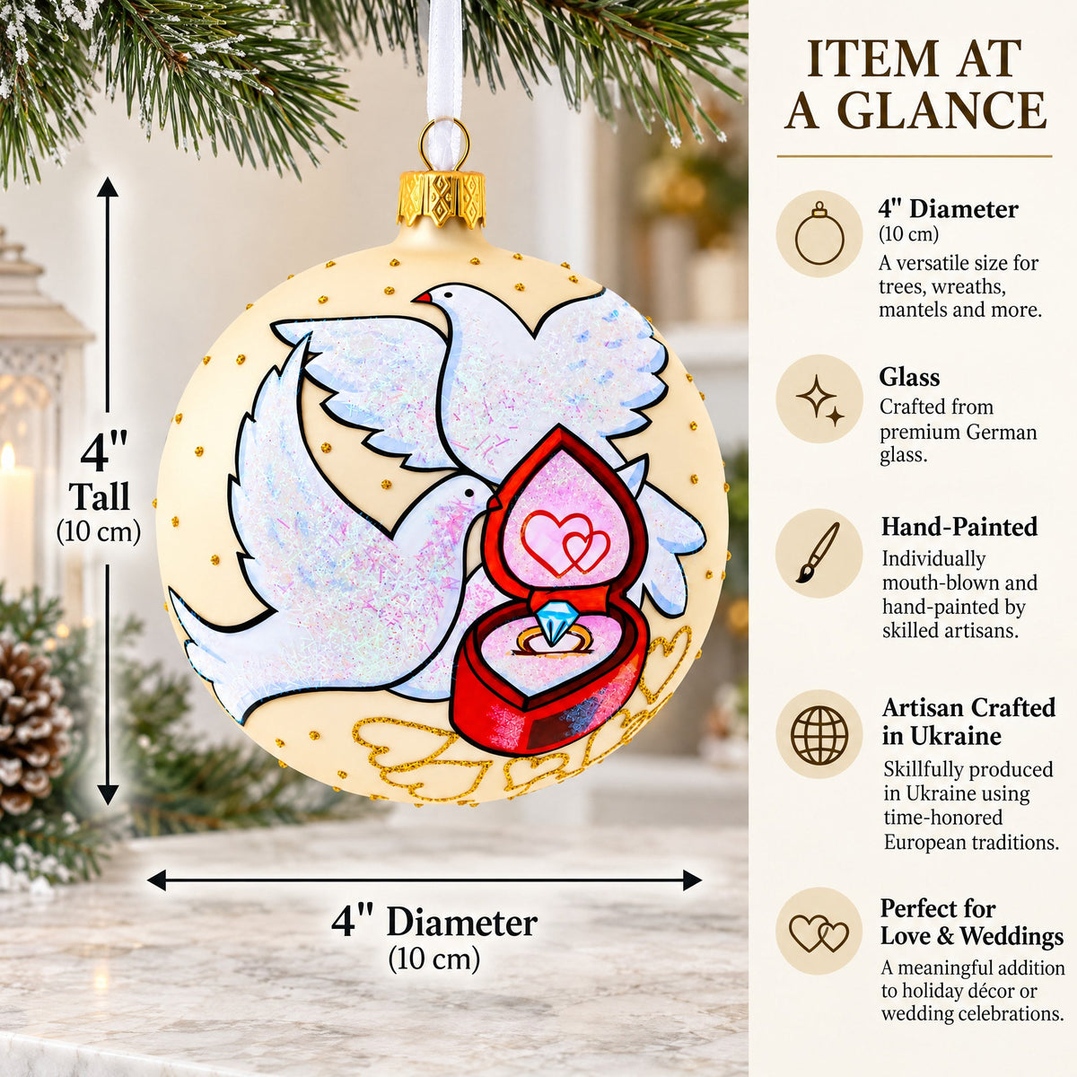 Doves and Wedding Ring Glass Ball Christmas Ornament 4 Inches