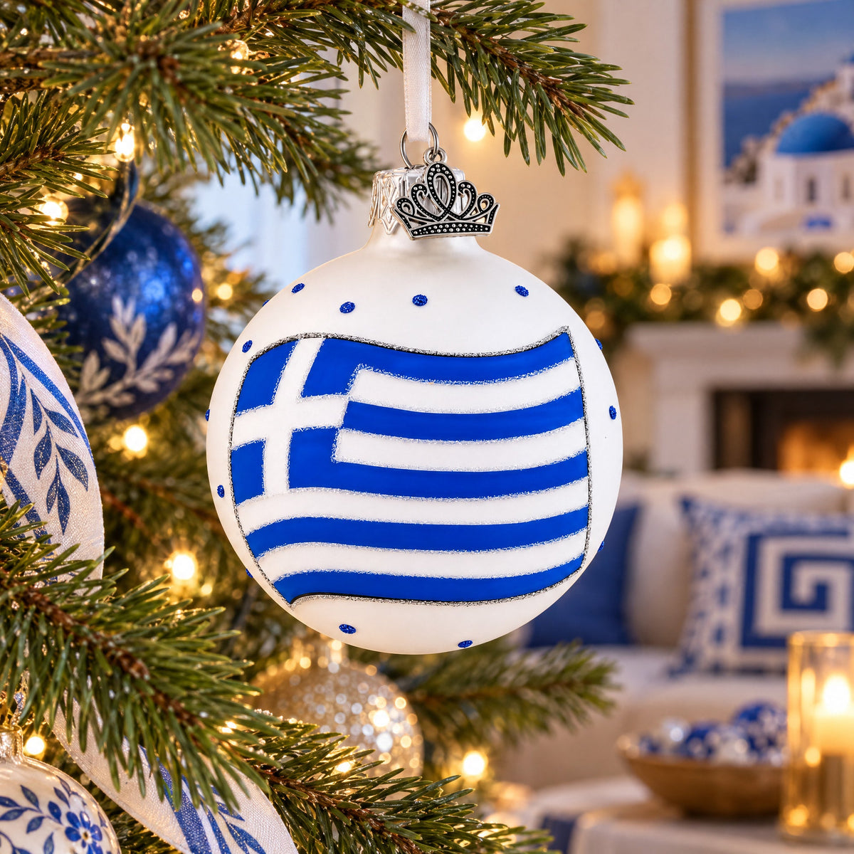 Flag of Greece Glass Ball Christmas Ornament 3.25 Inches