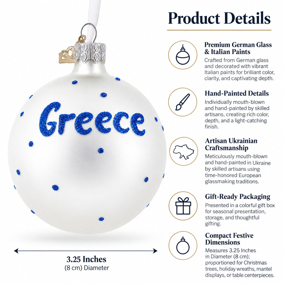 Flag of Greece Glass Ball Christmas Ornament 3.25 Inches