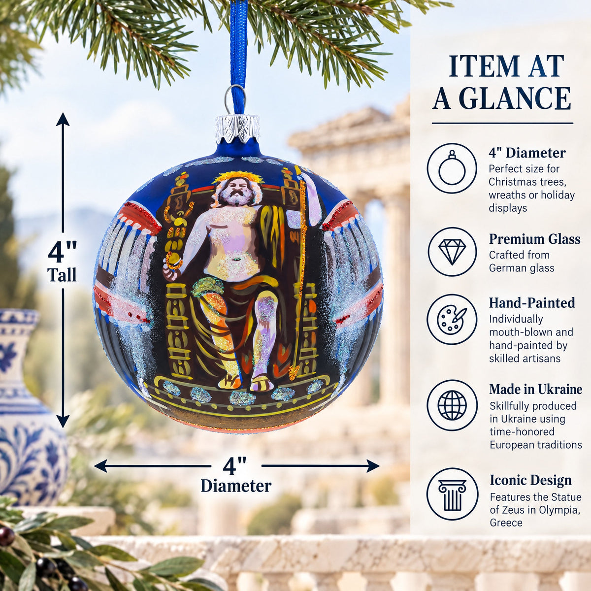 Statue of Zeus in Olympia, Greece Glass Ball Christmas Ornament 4 Inches