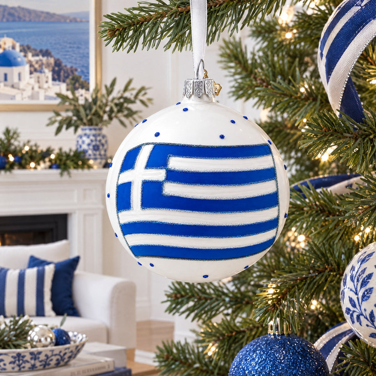 Flag of Greece Glass Ball Christmas Ornament 4 Inches