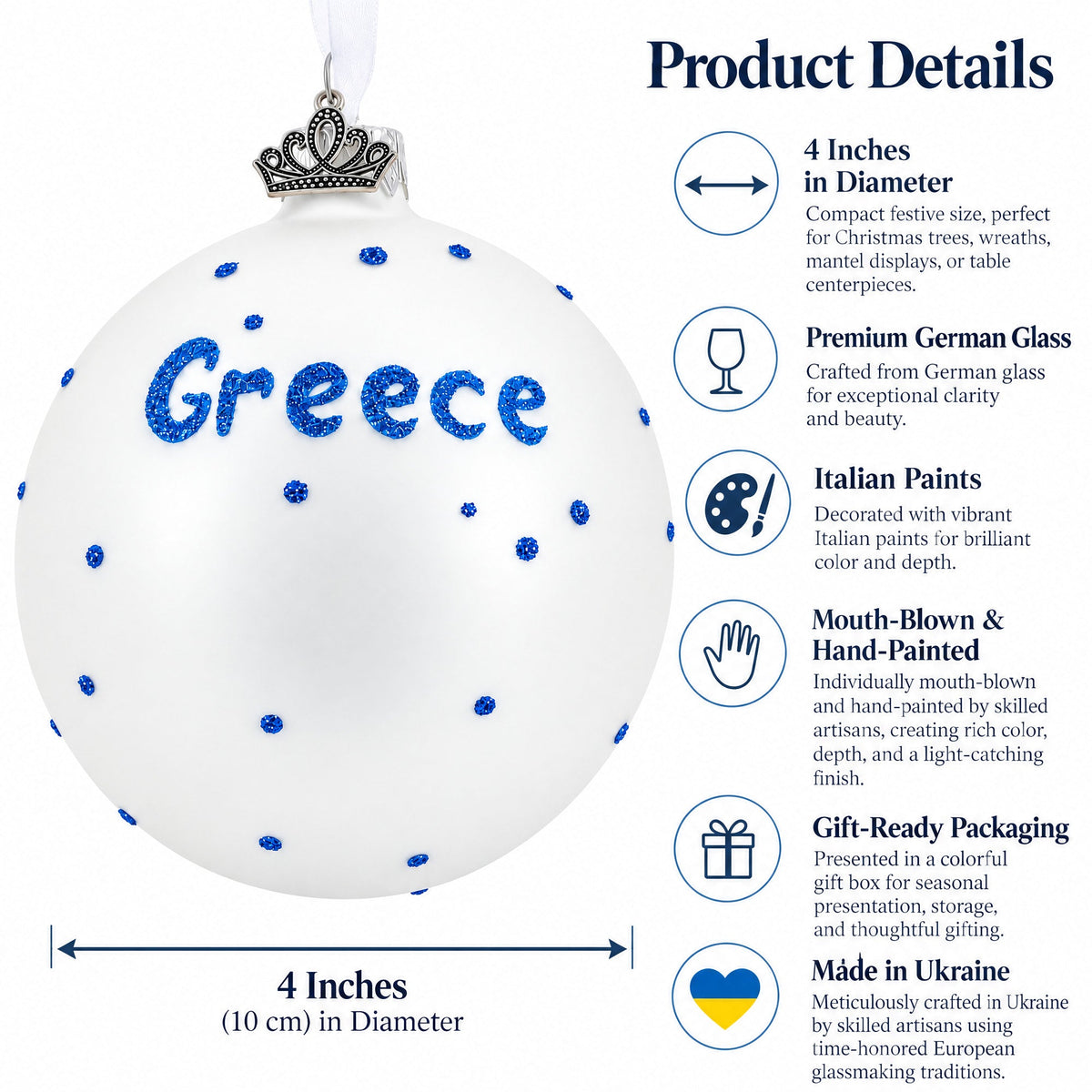 Flag of Greece Glass Ball Christmas Ornament 4 Inches