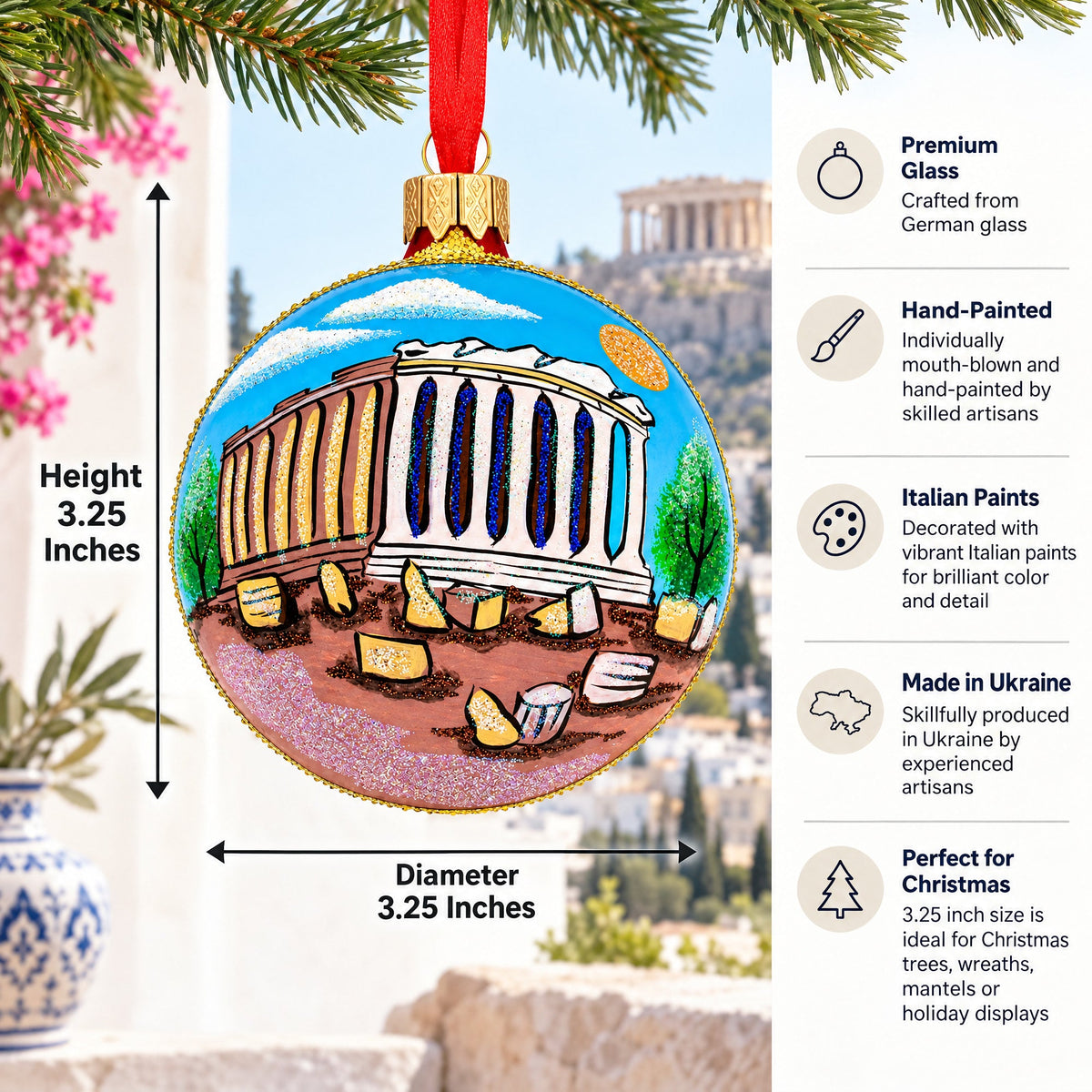 Acropolis, Athens, Greece Glass Ball Ornament 3.25 Inches
