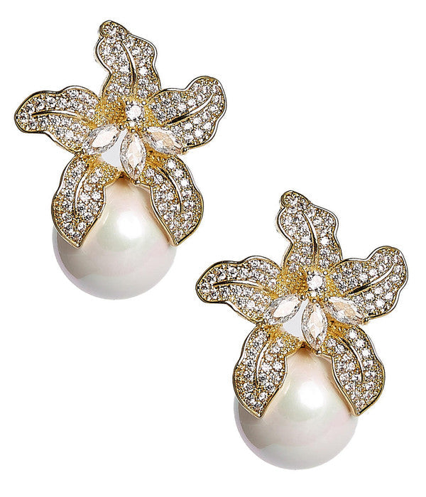 Beth - Rhinestone & Pearl Stud - Gold - Bexa Boutique