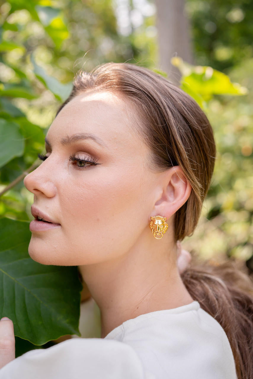 Lion Door Knocker  Earrings in Gold Brass