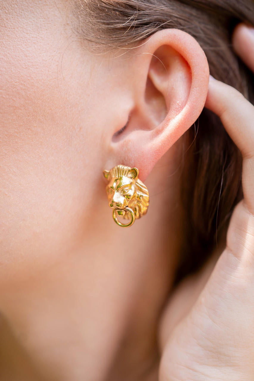 Lion Door Knocker  Earrings in Gold Brass