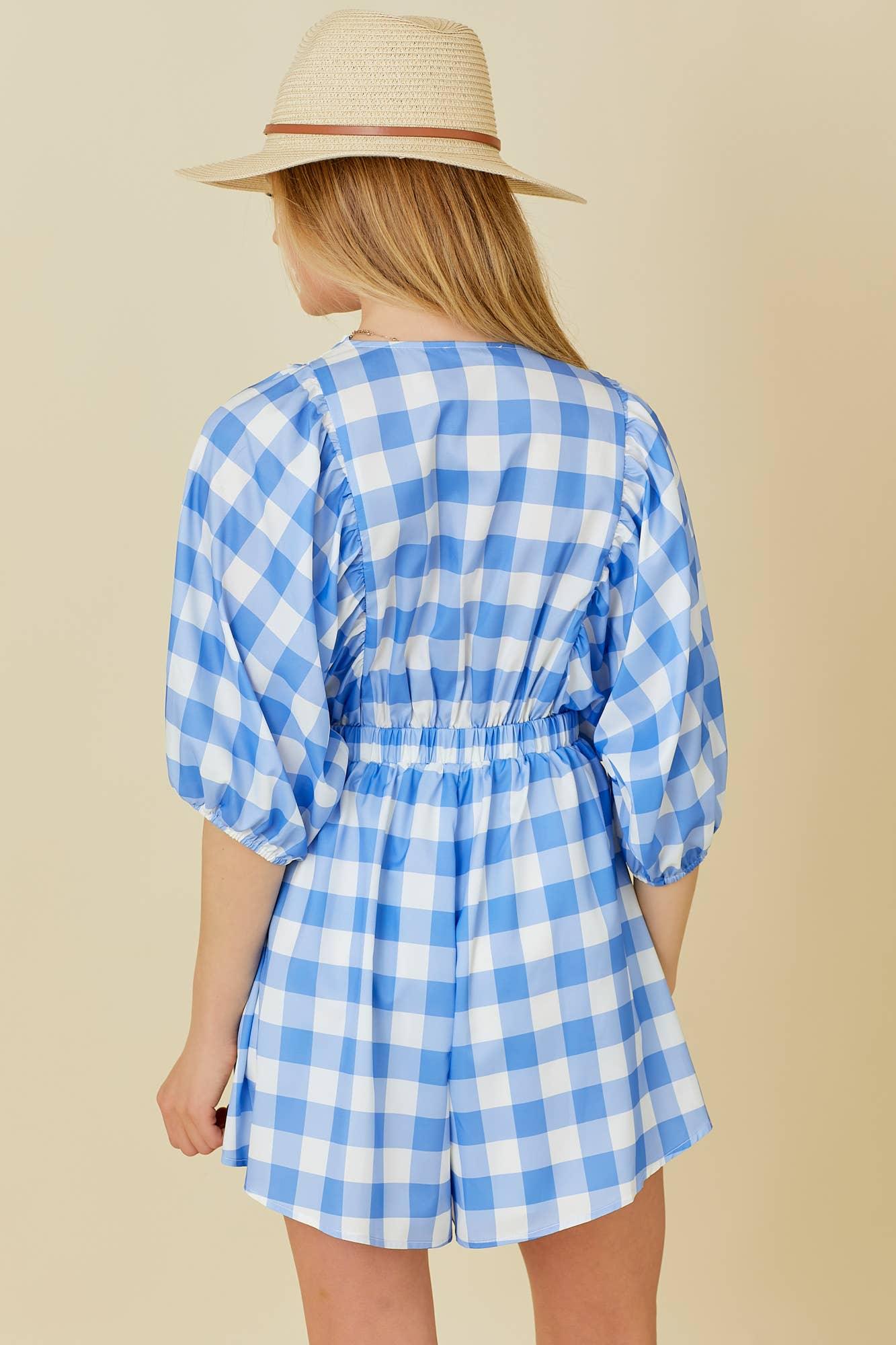 Bubble Sleeve Blue Check Romper