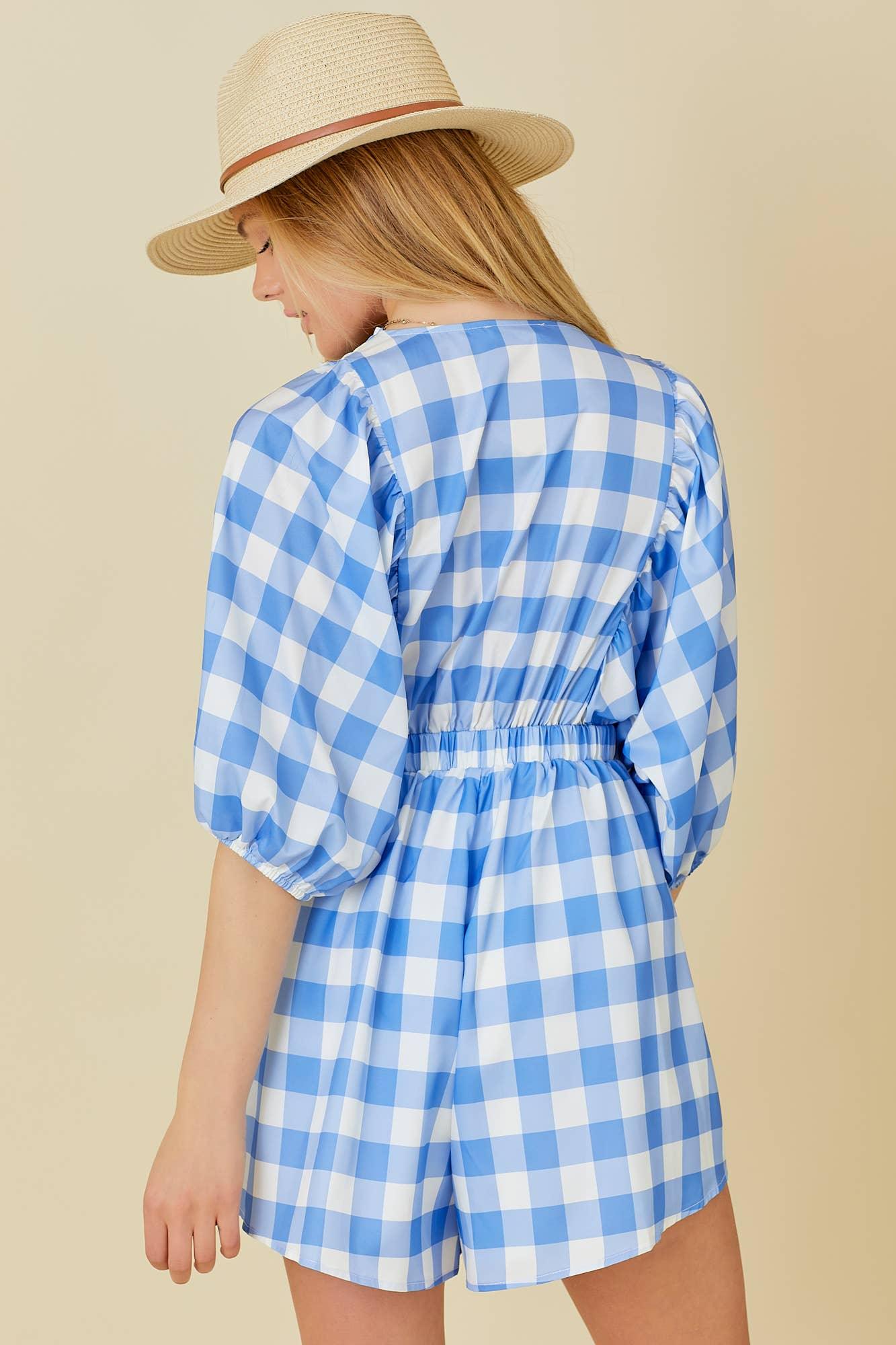 Bubble Sleeve Blue Check Romper