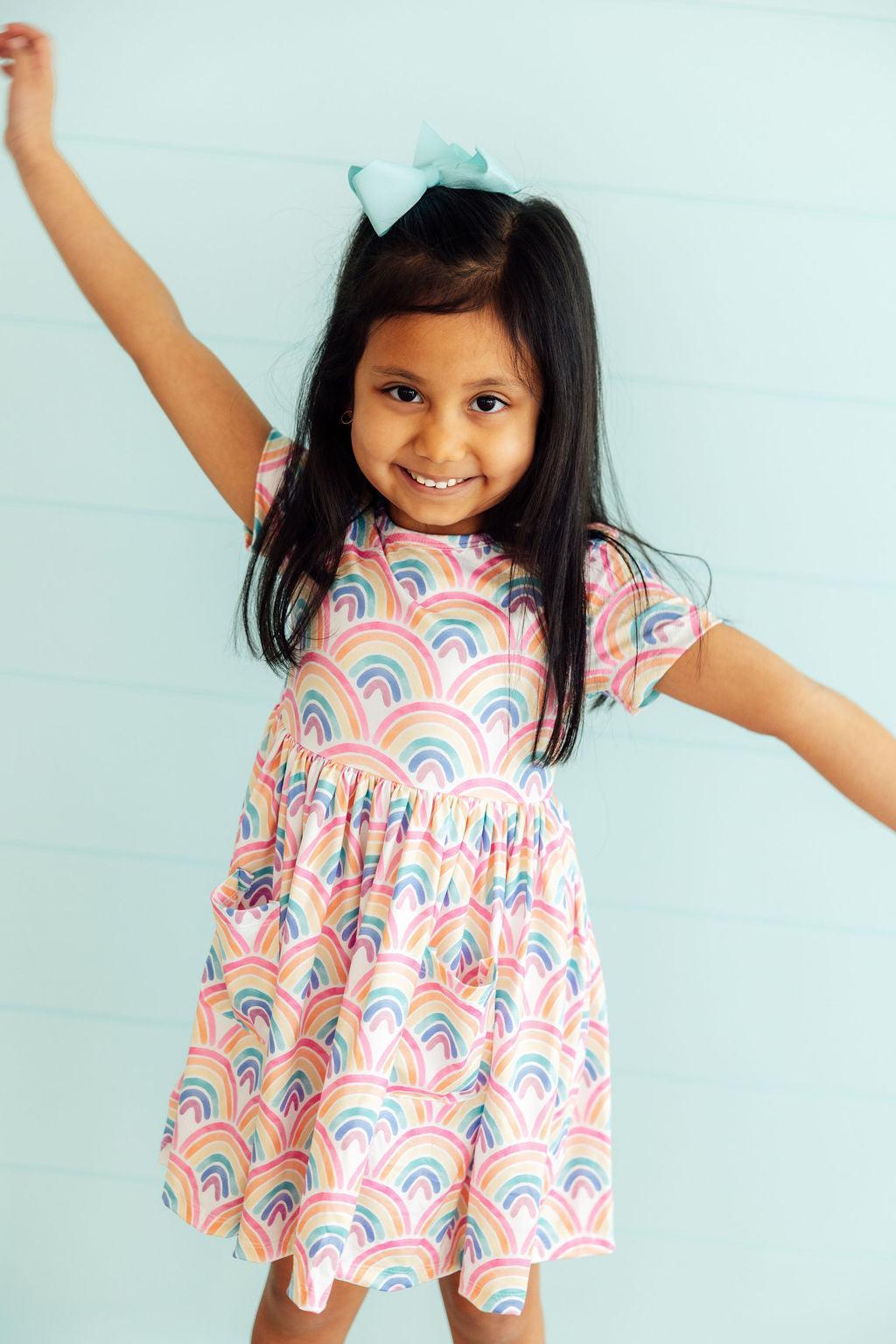 Watercolor Rainbows S/S Pocket Twirl Dress - Bexa Boutique