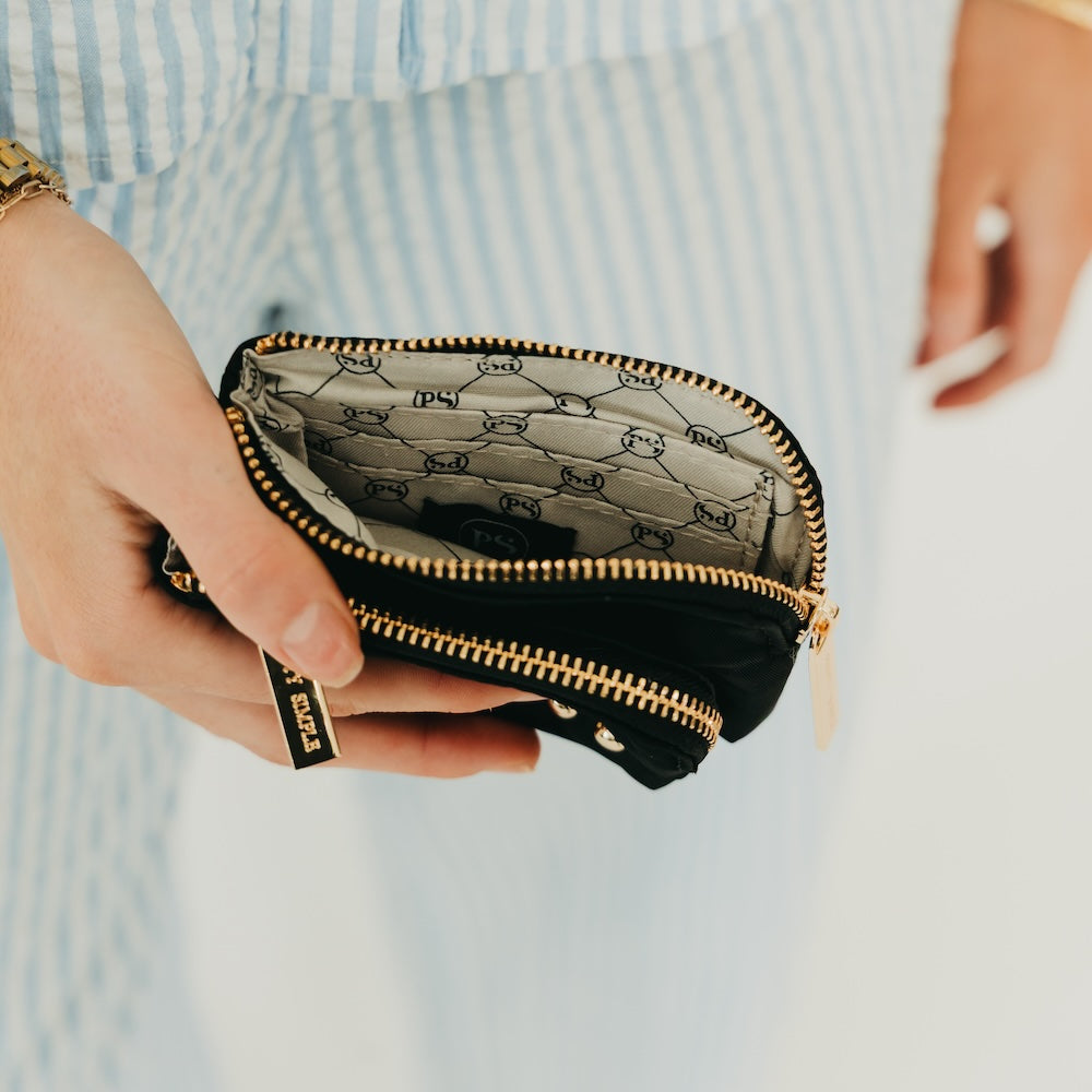 Nylon Cameron Double Zip Clippable Card Wallet - Black - Bexa Boutique